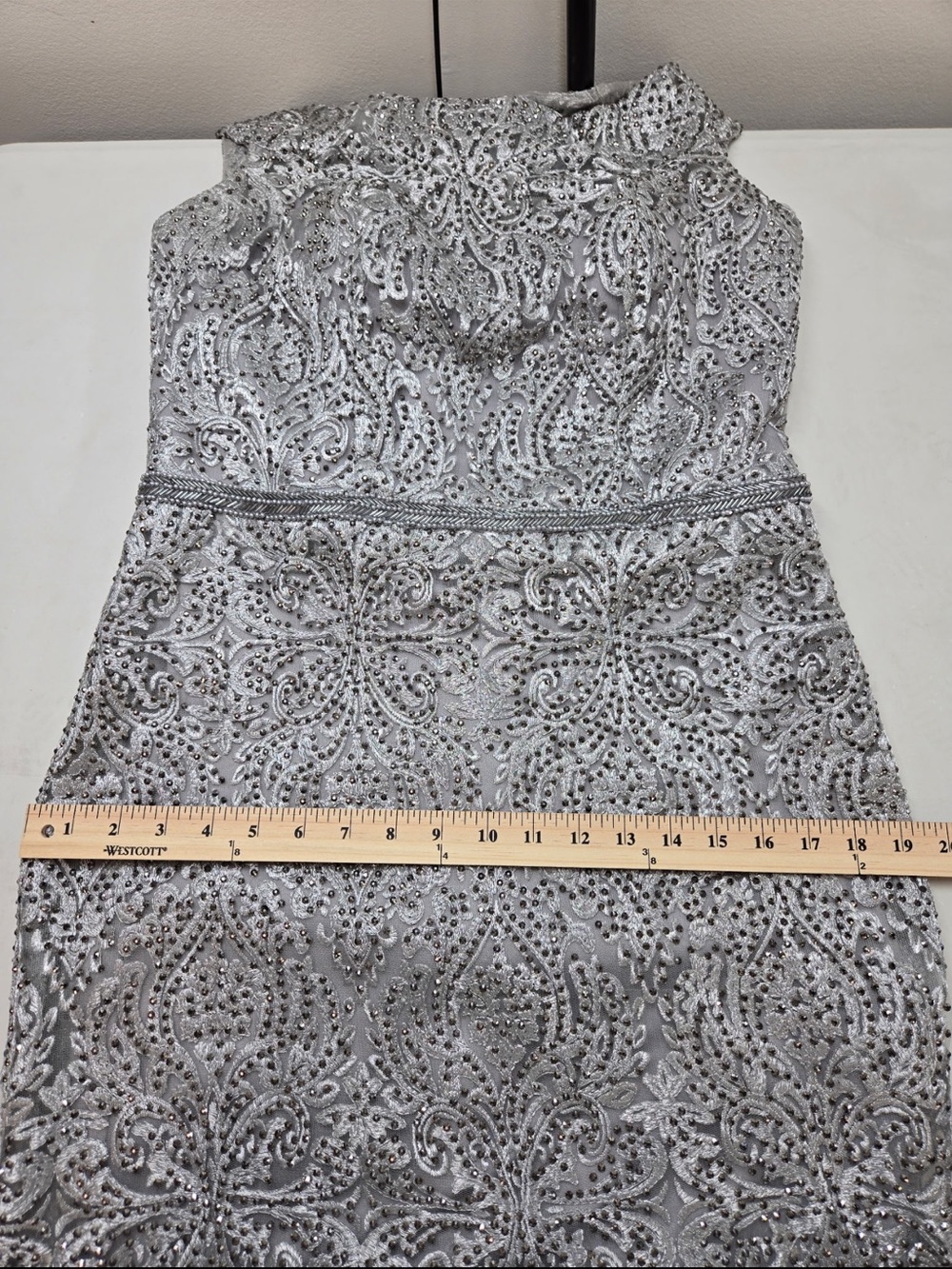 NWT CAMERON BLAKE Mon Cheri 118687 Silver Beaded Lace Formal Gown Size 12 - Picture 10 of 16